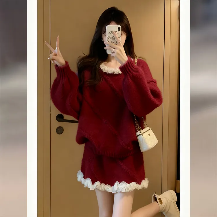 秋冬氛围感穿搭红色毛衣套装女新款针织裙子花边领上衣短裙两件套