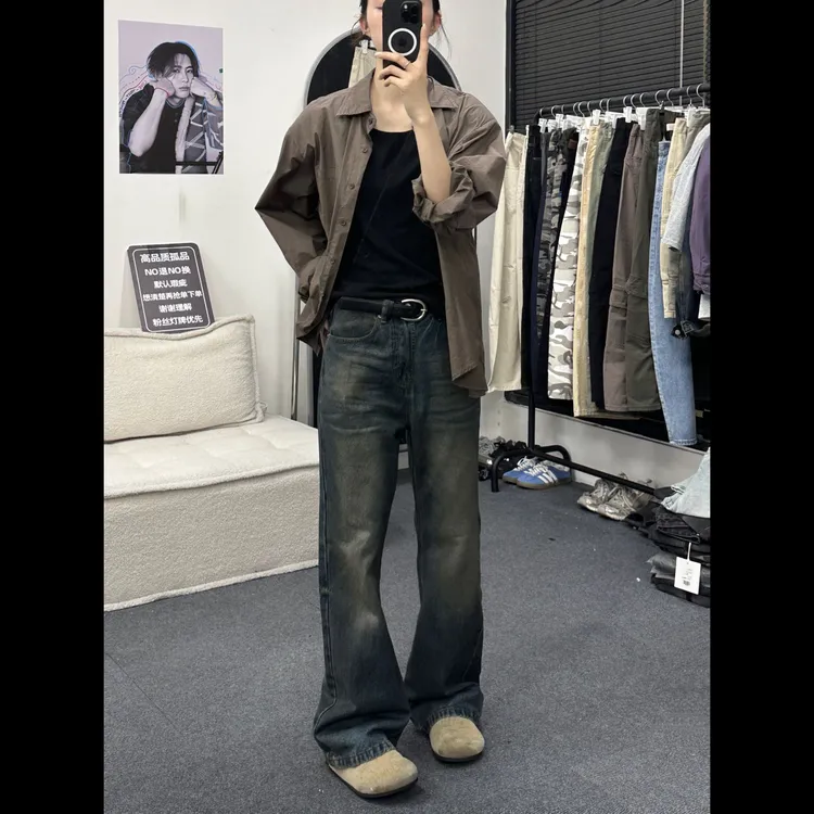 BEIDUO脏脏DC+复古蓝微喇水洗牛仔裤
