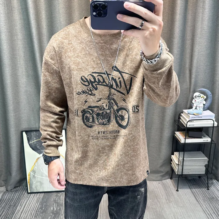 长袖t恤衫男美式复古卡通印花水洗扎染重磅圆领打底卫衣套头内搭