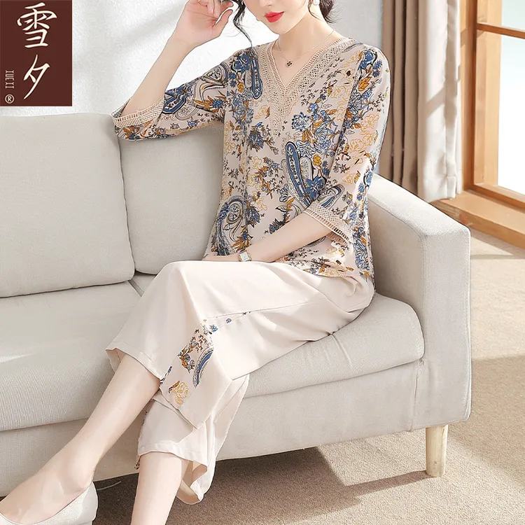 中老年短袖女气质大码夏装雪纺小衫2025新款妈妈套装七分袖上衣服