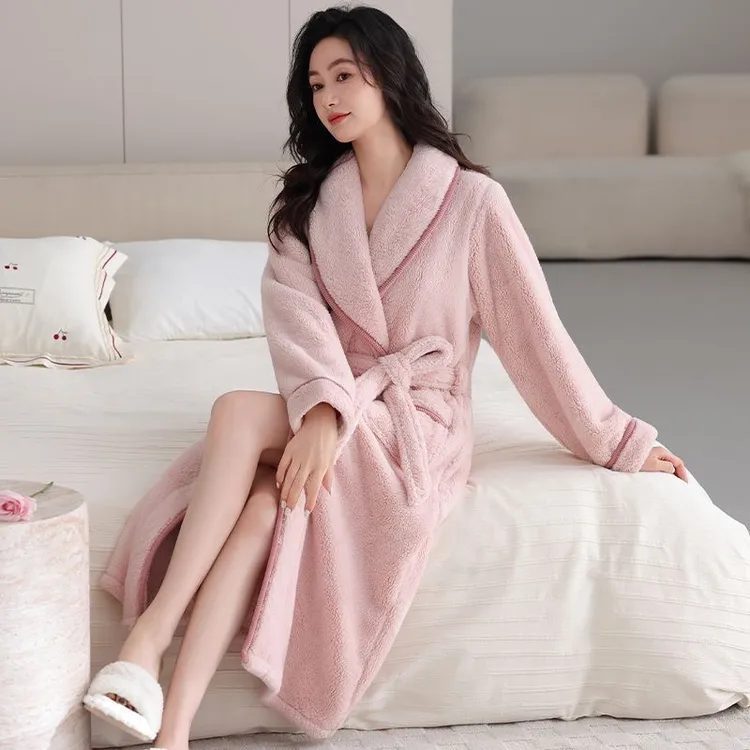 高级感冬季睡衣女士珊瑚绒睡袍加绒加厚超保暖性感晨袍大码浴袍冬