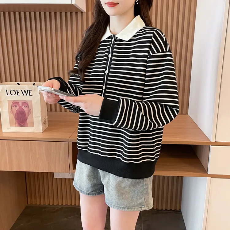 韩版撞色polo翻领条纹长袖T恤女2025秋冬新款宽松小个子百搭上衣