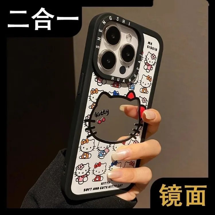 大头KT猫镜面适用苹果16手机壳13镜子保护壳苹果15/14Pro新款12硬
