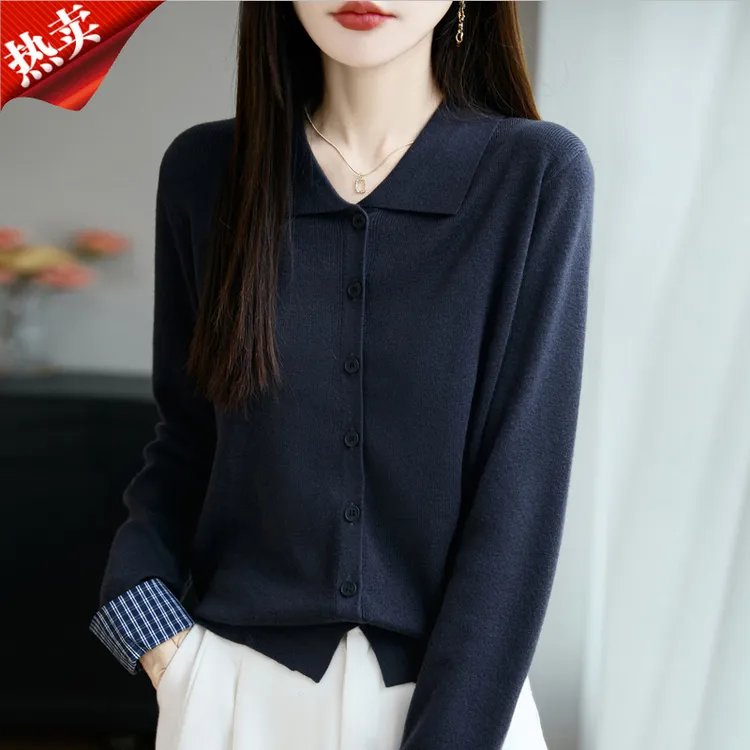 时尚品牌正品精纺羊毛袖口格子拼色polo针织开衫复古上衣外搭秋