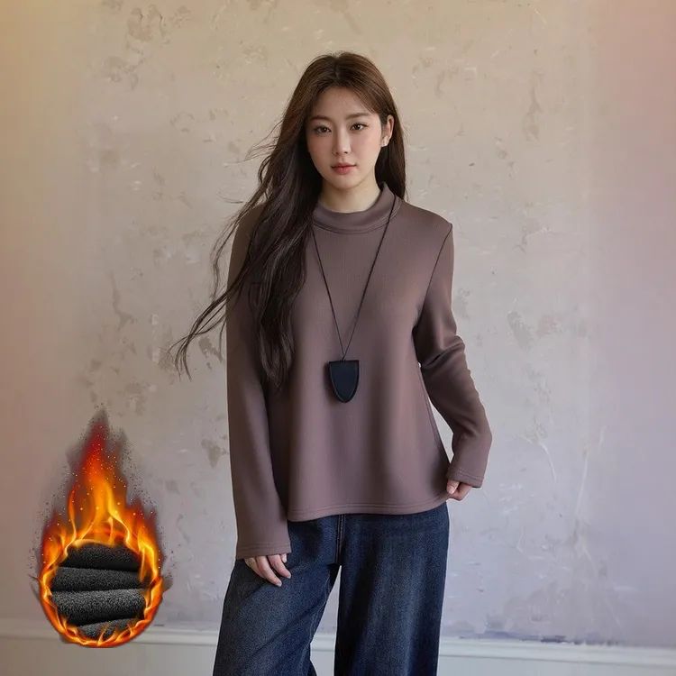 大码打底衫秋冬加绒保暖半高领正肩遮肚显瘦胖妹MM女上衣3336