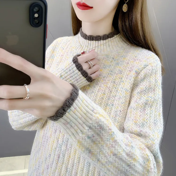 半高领加厚彩纱毛衣女2025秋冬爆款软糯针织衫拼色长袖宽松打底衫