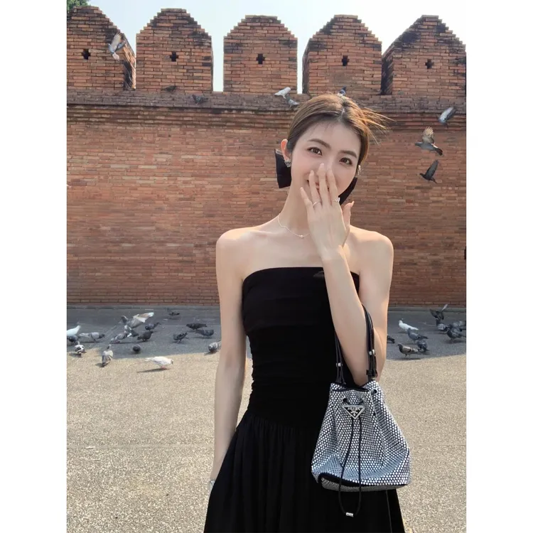 莲叶#两穿黑色一字肩连衣裙女爆款气质露肩收腰长裙抹胸裙子