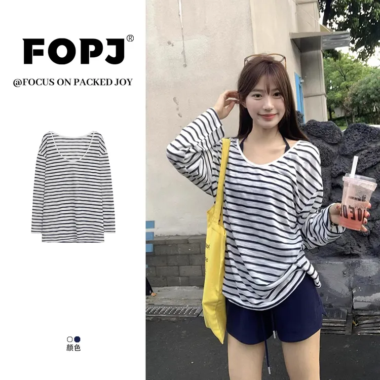 FOPJ时尚防晒罩衫夏季慵懒风撞色条纹长袖t恤女休闲百搭宽松上衣