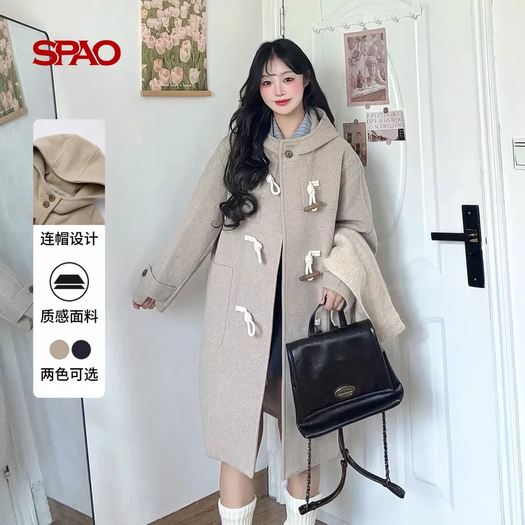 【含绵羊毛】SPAO韩国同款25年冬季新品连帽牛角扣大衣SPJWF4TW82