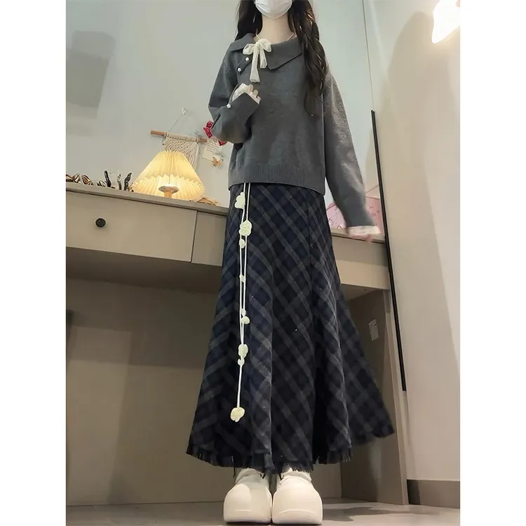 秋装搭配一整套韩系穿搭灰色翻领拼接蕾丝针织上衣格纹半身裙套装