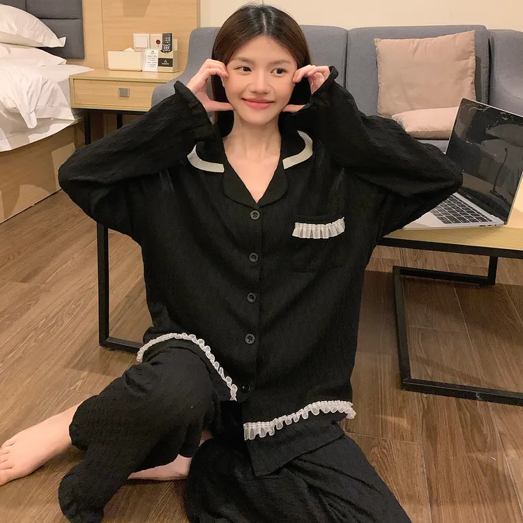 春秋款棉质长袖睡衣女款2025秋季新款黑色高级感可外穿家居服套装
