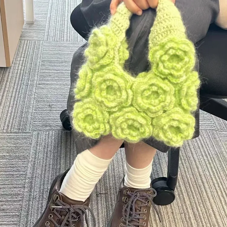 爆款钩织复古奶黄色玫瑰包手提包手工编织玫瑰包包钩针diy材料包