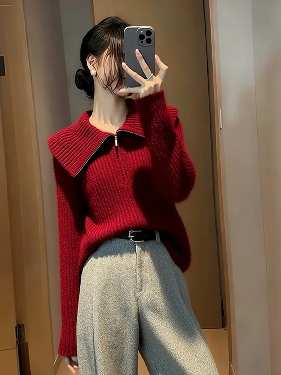 高级感大翻领半拉链红色针织衫女2025秋冬季新款宽松软糯毛衣上衣