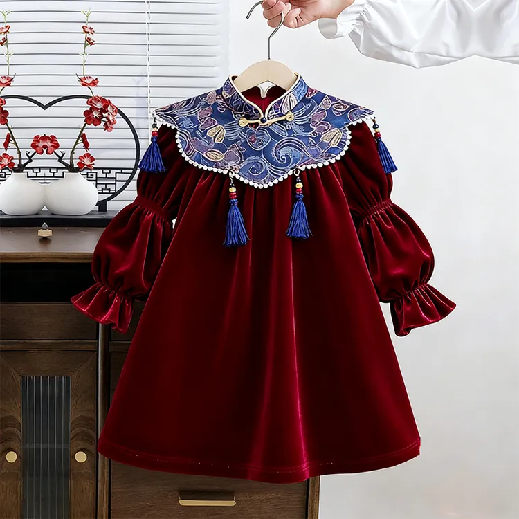 宝宝加绒连衣裙冬装秋冬新款洋气儿童红色公主裙女孩中国风拜年服