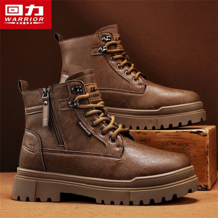 回力马丁靴男款高帮皮面复古厚底增高工装靴子冬季新款户外登山鞋