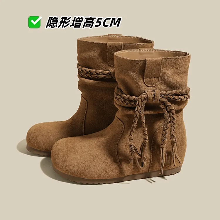 美拉德内增高平底短靴女款2025新款秋冬显瘦复古勃肯短靴堆堆靴子