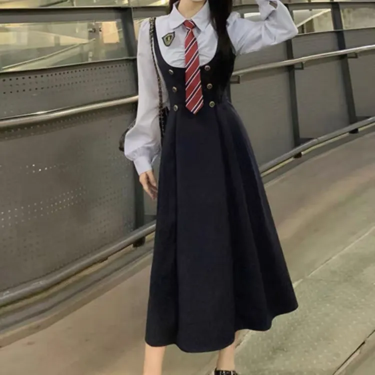 韩系秋冬学院风jk制服套装长袖衬衫+收腰显瘦连衣裙减龄气质百搭