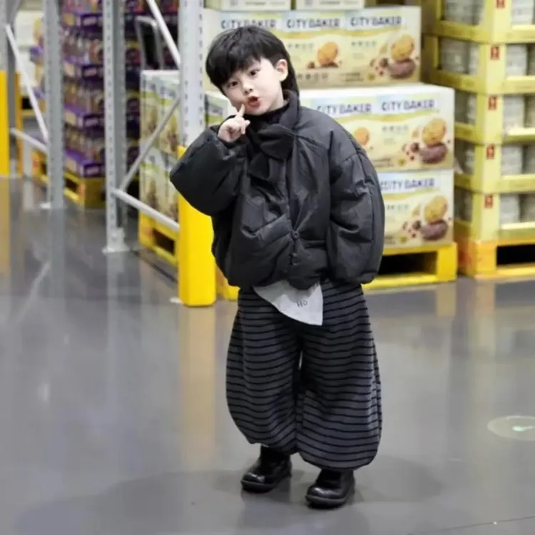 外套男童童装保暖休闲儿童韩系服套2025新款面包服衣条纹束脚裤套