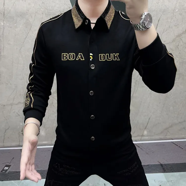 卡因耶查男士翻领烫钻卫衣秋冬款时尚休闲长袖潮流修身印花上衣