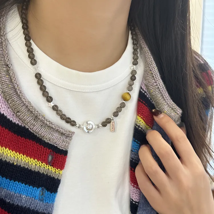 坠链均925银 【快乐奶咖】原创设计时尚女茶色珠珠笑脸项链 3912