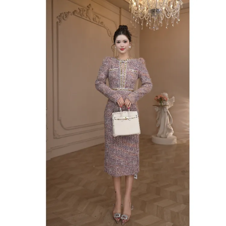 【原创】两色粗花呢小香风复古加厚显瘦名媛秋冬连衣裙51233