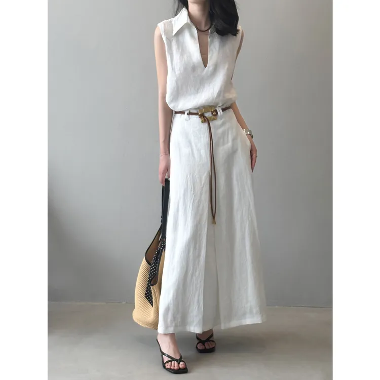 100%亚麻套装专柜金标原版 夏季V领无袖纯亚麻高档次套装慵懒风
