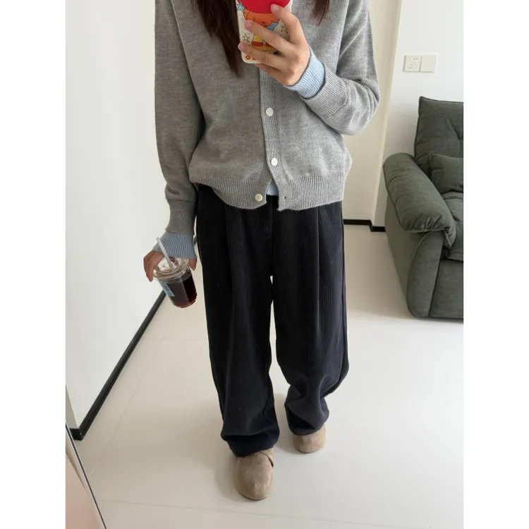 深蓝灰慵懒风垂感直筒裤女秋季新款胖mm梨形身材木棉绒宽松休闲裤