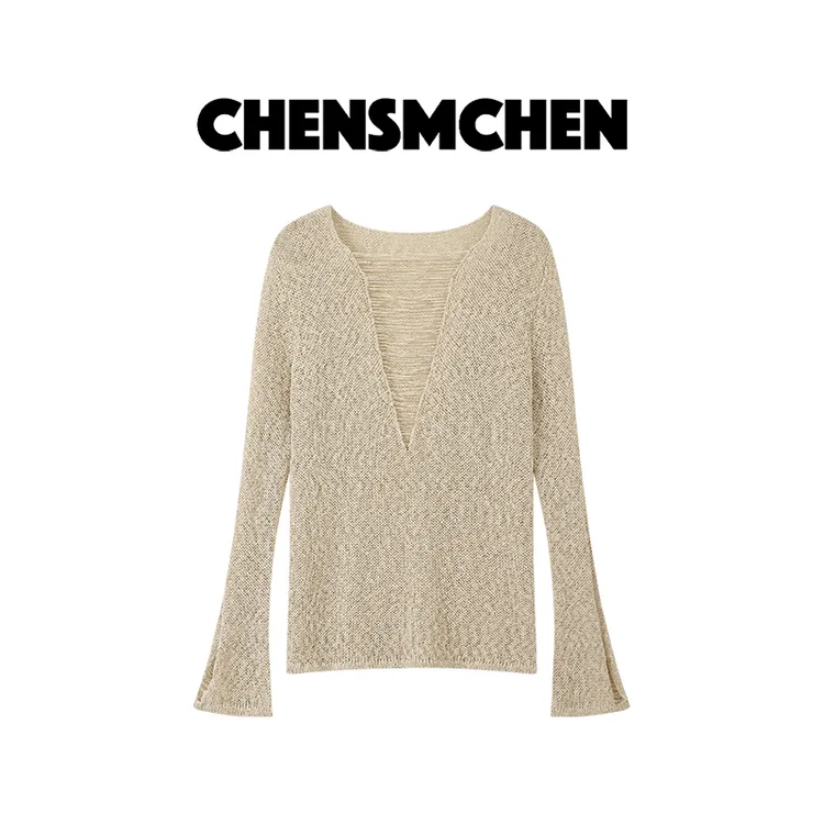 CHENSMCHEN设计感镂空深V长袖针织衫女休闲时尚显瘦上衣CSZ7026MX