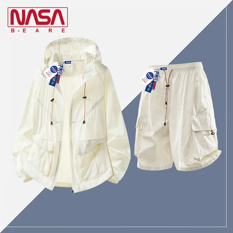 NASA联名冰丝衣套装男士2026夏季连帽户外沙滩登山休闲运动两件套