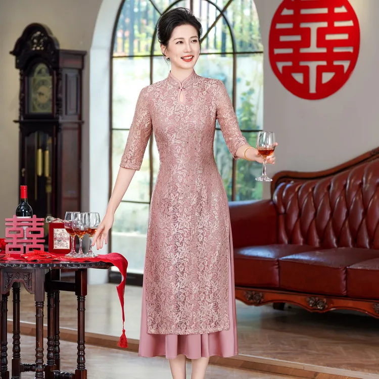 刺绣立领婚礼低开衩中国风旗袍修身时尚大码夏季中年出游服装大衣