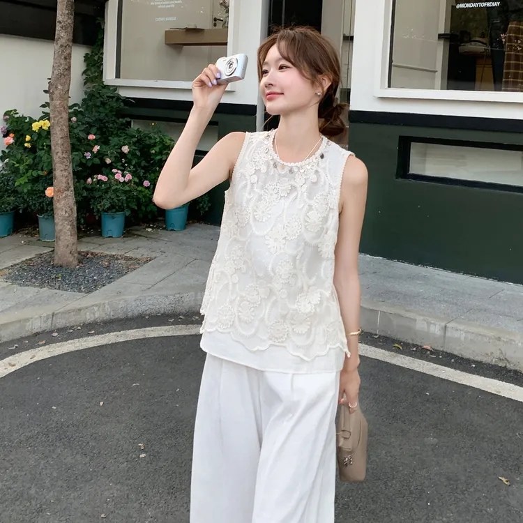 白色蕾丝无袖背心阔腿裤套装女2025夏季新款法式气质高级感两件套