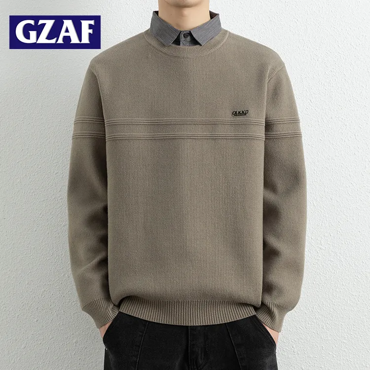 GZAF秋冬季假两件毛衣男士韩版痞帅高级感衬衫领潮流线条打底衫