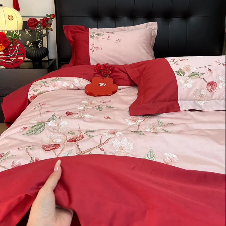 中式浪漫 绣花国风结婚庆全棉纯棉红色四件套轻奢刺绣床上用品