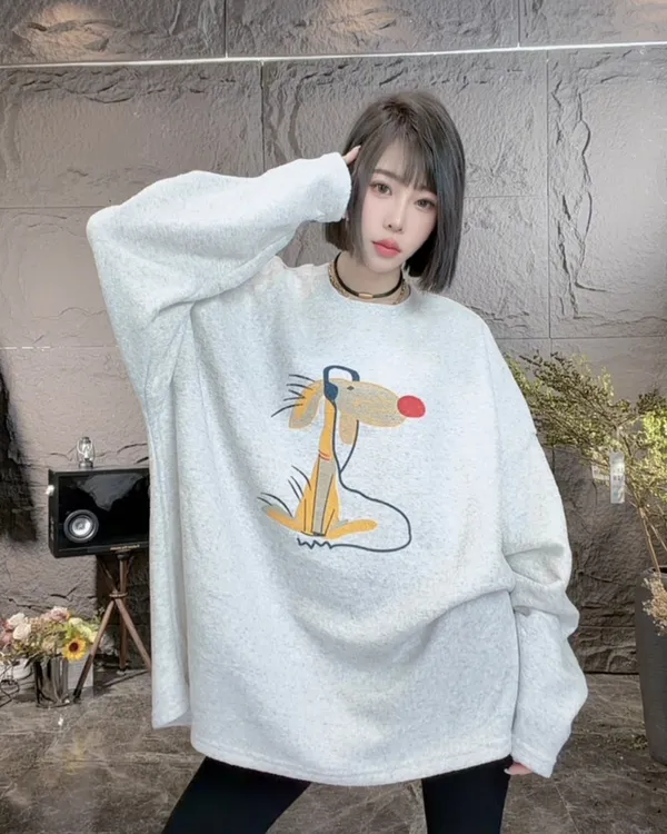 欧货圆领长袖卡通针织加绒衫女冬季宽松百搭上衣78500