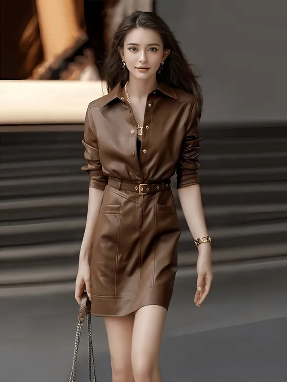 美拉德色系秋冬新款单排扣设计感百搭显瘦皮裙连衣裙送腰带女装潮