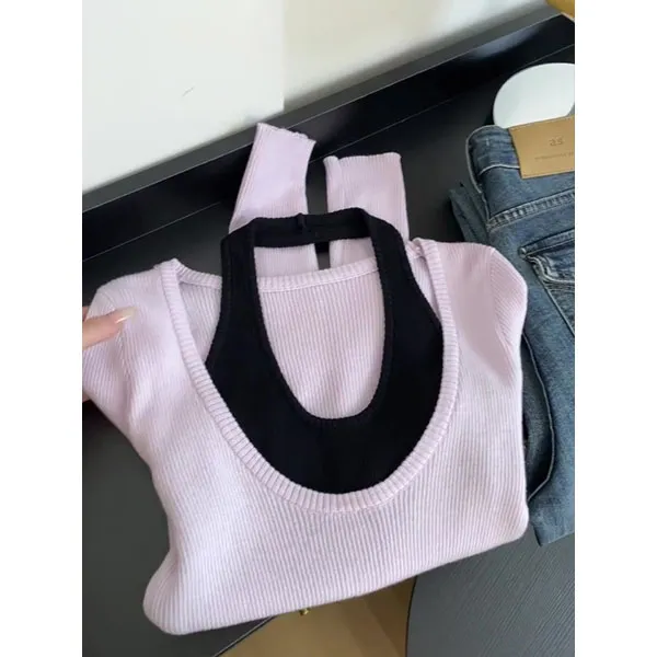 韩系氛围感粉色假两件挂脖针织衫女巨好看的早秋穿搭撞色叠穿上衣