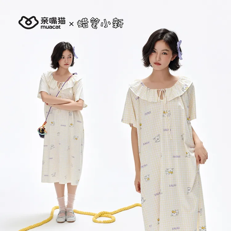 亲嘴猫蜡笔小新莫代尔棉可外穿娃娃领少女格子睡衣家居服睡裙女夏