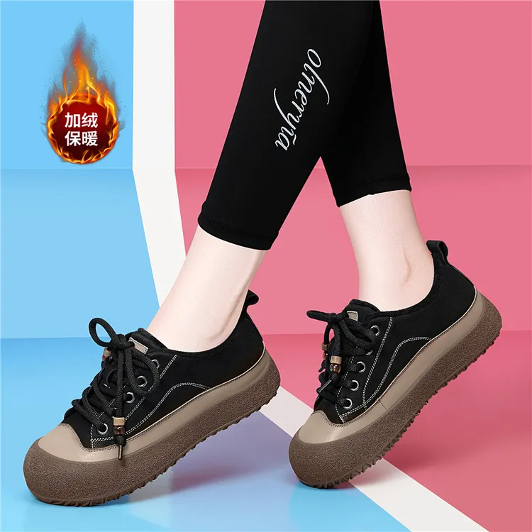 美拉德新款真皮加绒运动休闲鞋女冬季2025新款萌丑厚底面包二棉鞋