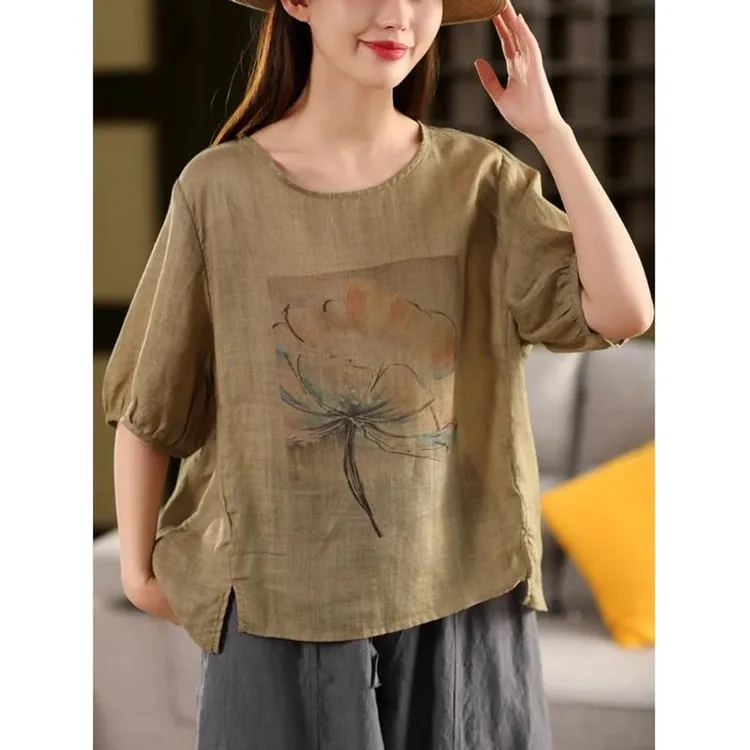 夏季2025年新款复古印花苎麻五分袖T恤女薄款宽松别致套头衫上衣
