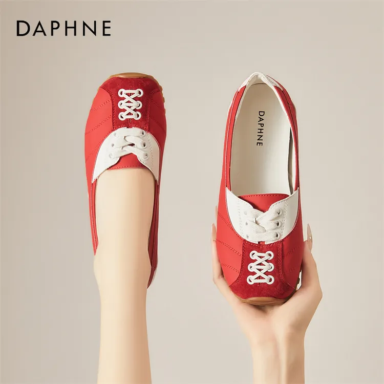达芙妮新款浅口红色软底运动芭蕾舞鞋女鞋设计师款女士户外德训鞋