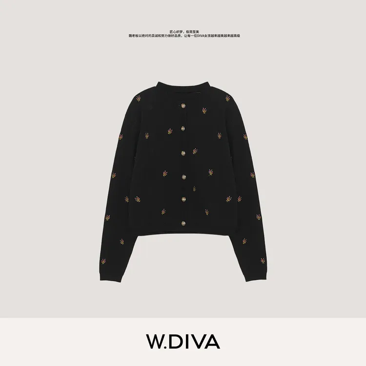 W.Diva【谧境之花】秋季山羊绒显瘦高级感复古刺绣开衫53Z182426