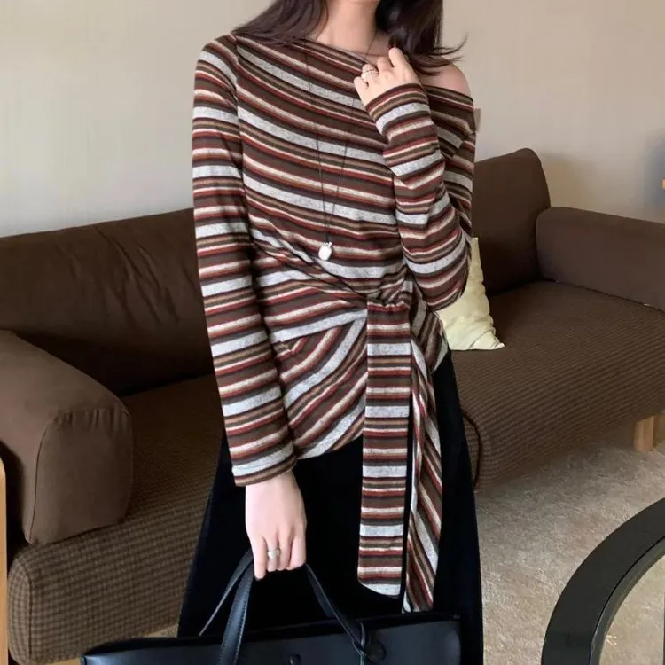 复古风韩系早秋松弛感撞色一字肩条纹不规则绑带女长袖百搭上衣女