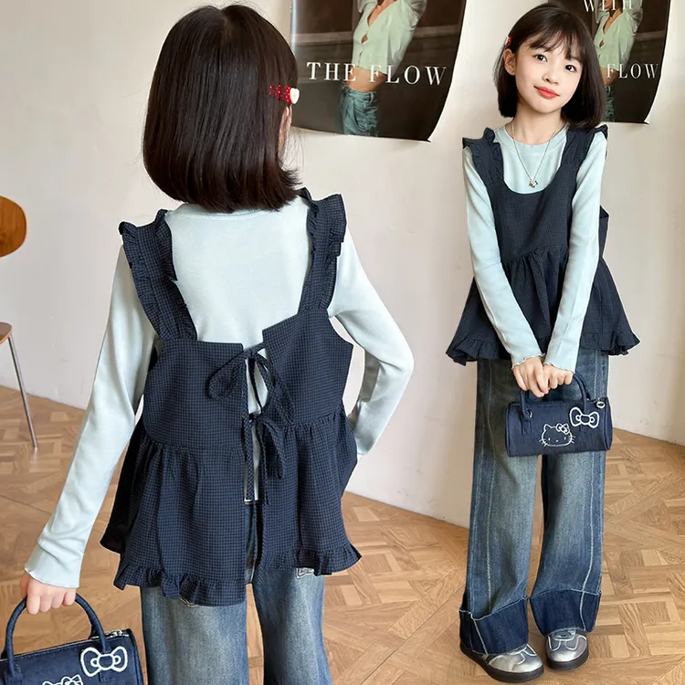 女童秋季套装2025新款洋气格子马甲打底女孩大童韩版牛仔裤两件套