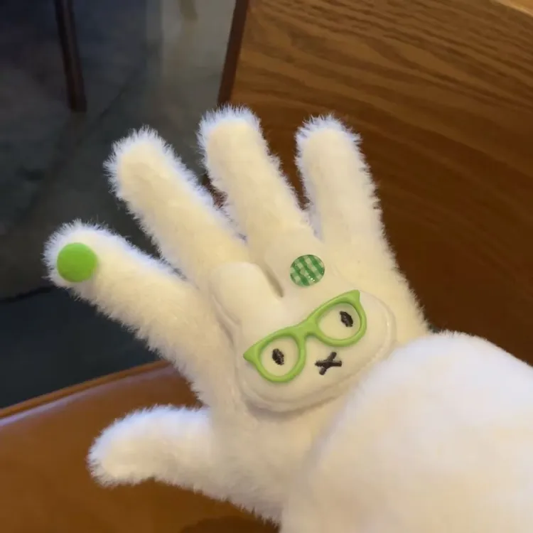 小红书同款可爱眼镜米菲兔手套高颜值毛绒防风抗寒暖全包分指手套