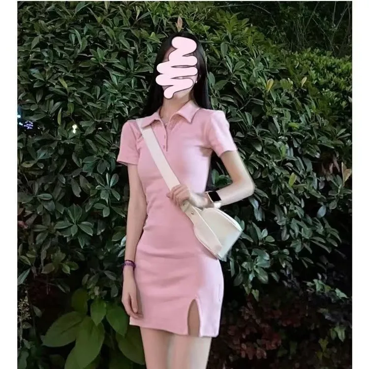 依依家大码女装779polo领性感修身连衣裙纯欲风开叉裙显瘦甜辣