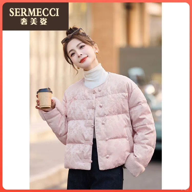 复古新中式国风羽绒服女短款2025新款冬季提花盘扣高级感外套