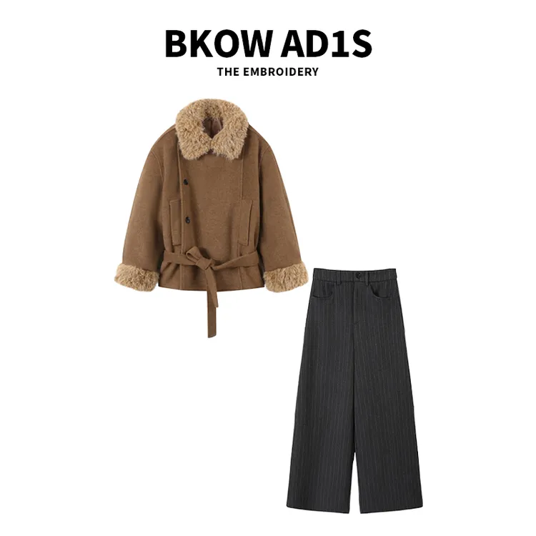 BKOW AD1S 毛领加厚毛呢大衣外套女士小个子高级+显瘦阔腿裤套装