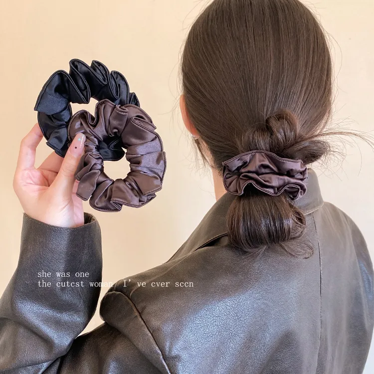 韩系高级感缎面木耳边小肠发圈法式简约黑色低丸子头发绳发饰头饰