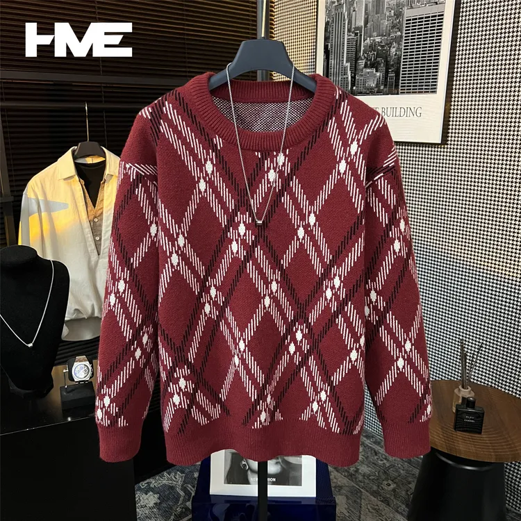 【HMEYAO】【复古菱格北极绒】原创冬季重磅撞色氛围感百搭针织毛衣