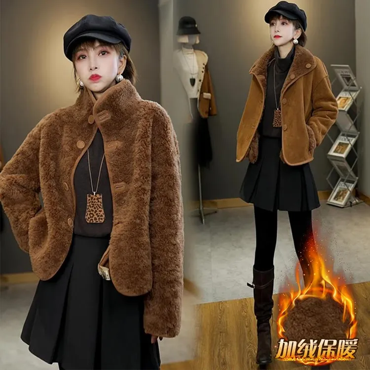 复古双面穿保暖皮毛一体毛毛大衣2024冬季新款立领外套女装上衣潮